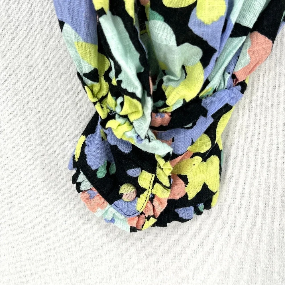 Free People Top Women Extra Small Black Floral Smocked Puff Sleeve Square Neck